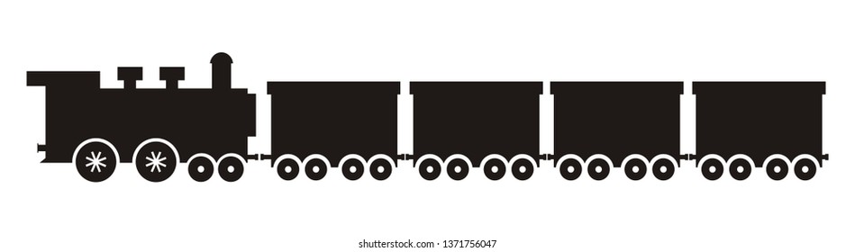 Train set, steam locomotive and wagons. Vector illustration. Black illustration, steam engine and four wagons.	