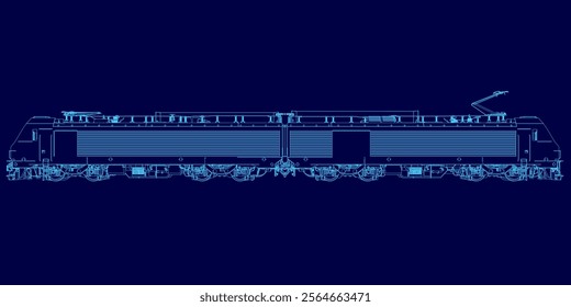 Train is shown in blue. The train is long and has many windows. The train is moving and he is in motion