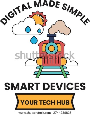 A train is shown on a white background with the words "Digital Made Simple" above it. The train is surrounded by clouds and rain, giving the image a moody and somewhat ominous feel