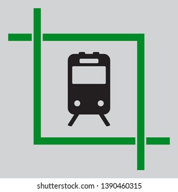 Train sign. Black icon inside green crop tool at light gray background