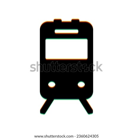 Train sign. Black Icon with vertical effect of color edge aberration at white background. Illustration.