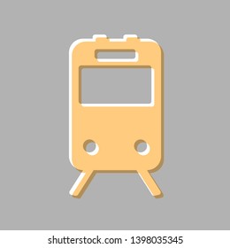 Train sign. Emboss effect with light orange icon on gray background.