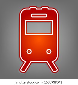 Train sign. Flat red icon with linear white icon with gray shadow at grayish background. Illustration.