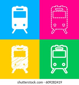 Train sign. Four styles of icon on four color squares.