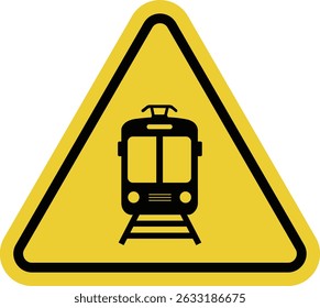 Train sign. Railway sign. Warns of approaching railway tracks and possible movement of a train. Be attentive and careful when crossing railway tracks. Warning yellow triangle road sign.