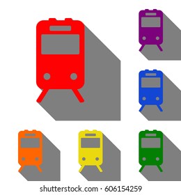Train sign. Set of red, orange, yellow, green, blue and violet icons at white background with flat shadow.
