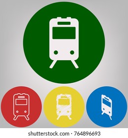 Train sign. Vector. 4 white styles of icon at 4 colored circles on light gray background.