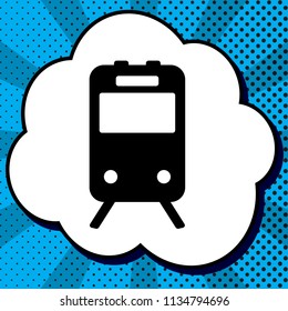 Train sign. Vector. Black icon in bubble on blue pop-art background with rays.