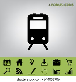 Train sign. Vector. Black icon at gray background with bonus icons at celery ones