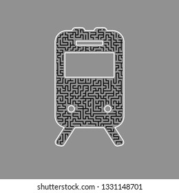 Train sign. Vector. Black maze filled icon with white border at gray background.
