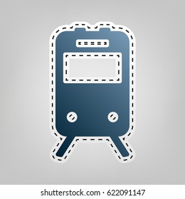 Train sign. Vector. Blue icon with outline for cutting out at gray background.