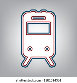 Train sign. Vector. Dark red, transparent and midnight green stroke of white icon at grayish background.