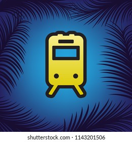 Train sign. Vector. Golden icon with black contour at blue background with branches of palm trees.