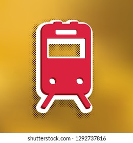 Train sign. Vector. Magenta icon with darker shadow, white sticker and black popart shadow on golden background.