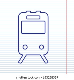 Train sign. Vector. Navy line icon on notebook paper as background with red line for field.