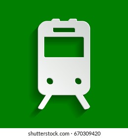 Train sign. Vector. Paper whitish icon with soft shadow on green background.