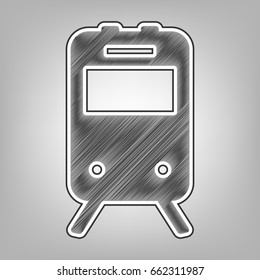 Train sign. Vector. Pencil sketch imitation. Dark gray scribble icon with dark gray outer contour at gray background.