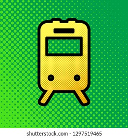 Train sign. Vector. Pop art orange to yellow dots-gradient icon with black contour at greenish background.