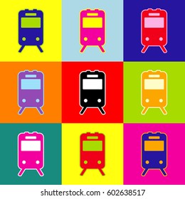 Train sign. Vector. Pop-art style colorful icons set with 3 colors.