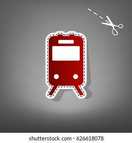 Train sign. Vector. Red icon with for applique from paper with shadow on gray background with scissors.