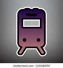 Train sign. Vector. Violet gradient icon with black and white linear edges at gray background.