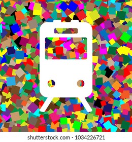 Train sign. Vector. White icon on colorful background with seamless pattern from squares.
