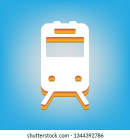 Train sign. Vector. White icon with 3d warm-colored gradient body at sky blue background.