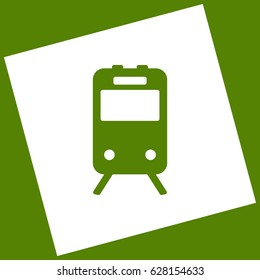 Train sign. Vector. White icon obtained as a result of subtraction rotated square and path. Avocado background.