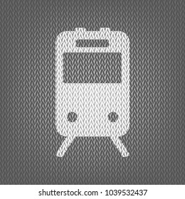 Train sign. Vector. White knitted icon on gray knitted background. Isolated.
