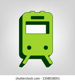 Train sign. Vector. Yellow green solid icon with dark green external body at light colored background.