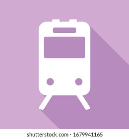 Train sign. White Icon with long shadow at purple background. Illustration.