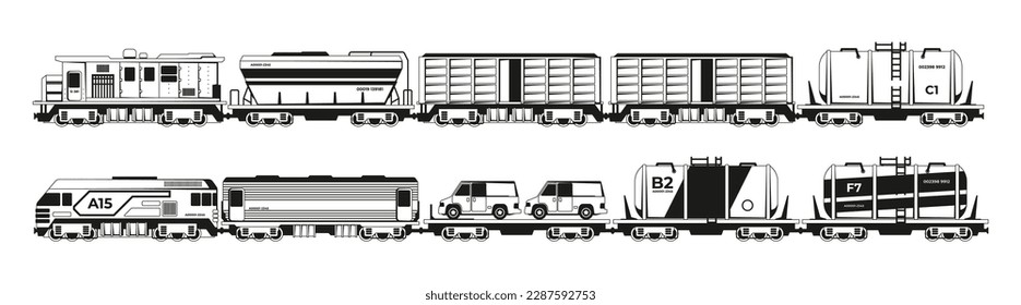 Zugsilhouetten. Schwarze Personen- und GüterLokomotiven, Schienenfahrzeuge mit unterschiedlichen Containern und Güterwagen. Vektorset. Industrietransport, Lieferwagen auf Bahnsteig