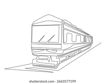 Train in single outline illustration. Continuous line art drawing of rail transportation.