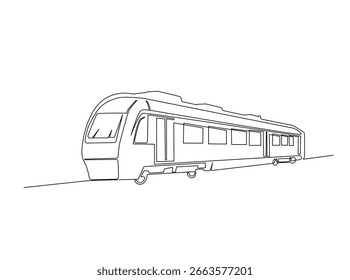 Train in single outline illustration. Continuous line art drawing of rail transportation.