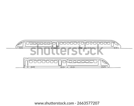 Train in single outline illustration. Continuous line art drawing of rail transportation.