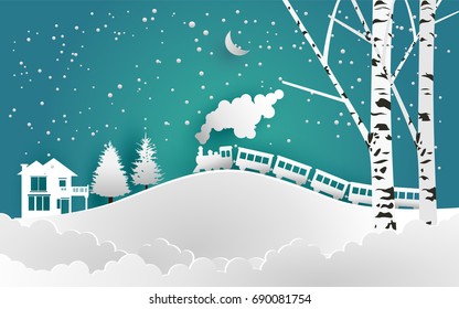 Train And Snow Hill Landscape With Beautiful Sky. Vector Illustration Of Snow. Paper Art Style