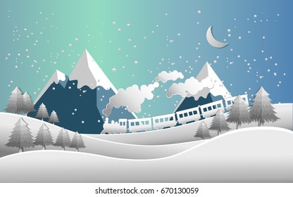 Train and snow landscape. vector illustration of snow. paper art style