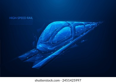 tecnología de velocidad del tren de alambre de bajo poli sobre fondo azul. tren de alta velocidad logística. fondo de diseño fantástico de la Ilustración vectorial.