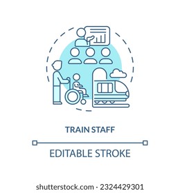 Train staff turquoise concept icon. Cultural sensitivity. Disability assistance. Travel experience. Customer service abstract idea thin line illustration. Isolated outline drawing. Editable stroke