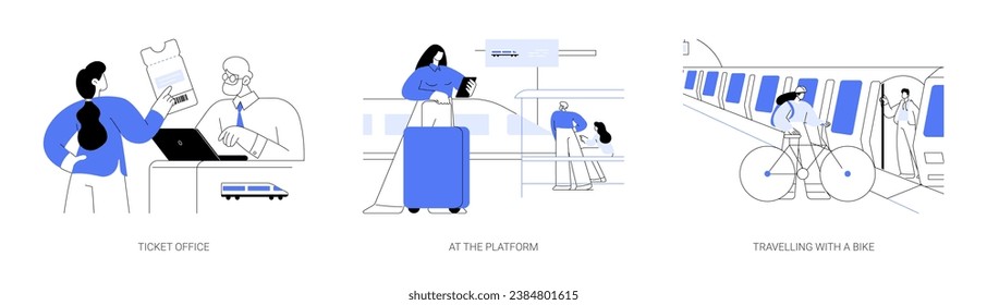 Train station abstract concept vector illustration set. Ticket office, passengers waiting at the platform for train arrival, travelling with a bike, urban transportation service abstract metaphor.