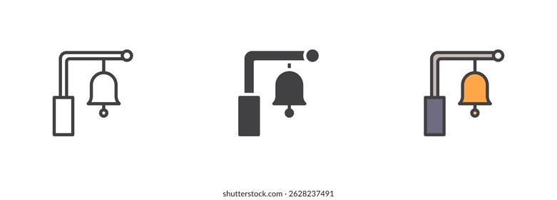 Bahnhof Glocke anderen Stil Symbol-Set. Linie, Glyphe und gefüllte Kontur bunte Version, Kontur und gefüllte Vektorzeichen. Eisenbahnglocken-Symbol, Logo-Illustration. Vektorgrafiken
