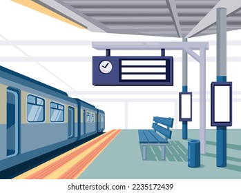 Estación de tren con vallas publicitarias y banner caja de luz ilustración de escena plantilla de vector editable