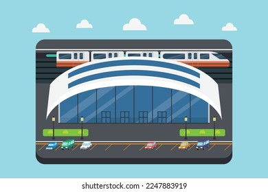 Train Station building with with car park 2d vector illustration concept for banner, website, illustration, landing page, flyer, etc