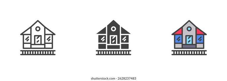 Train station building different style icon set. Line, glyph and filled outline colorful version, outline and filled vector sign. Railway platform symbol, logo illustration. Vector graphics
