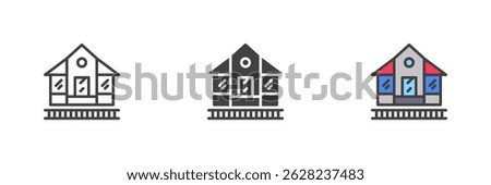 Train station building different style icon set. Line, glyph and filled outline colorful version, outline and filled vector sign. Railway platform symbol, logo illustration. Vector graphics