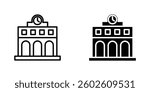 Train station building flat Icons in line outline and flat solid style on white background