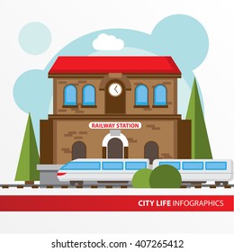 Train station building icon in the flat style. Railway station. Concept for city infographic. Different types of Municipal life of the city