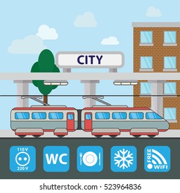 Train station building icon in the flat style. Railway station. Concept for city infographic. Different types of Municipal life of the city