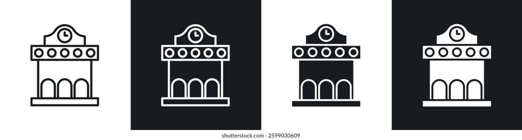 Train station building icons in flat and linear vector illustration on white background.