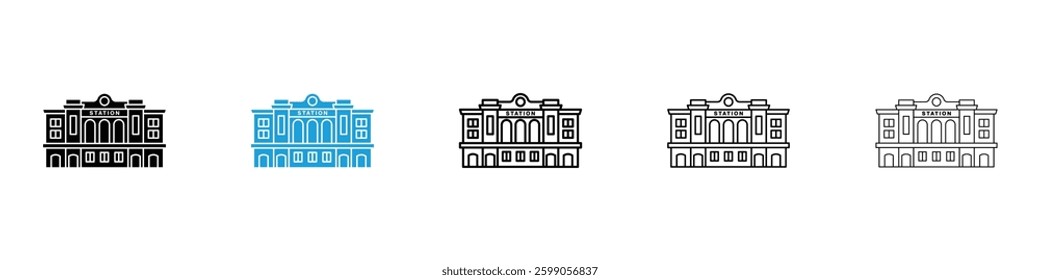 Train station building icons vector illustrations in black and blue colors for web and ui designs